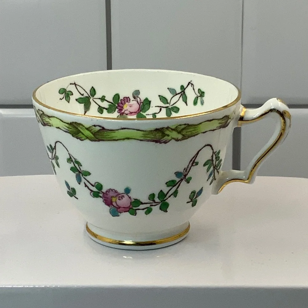 Crown Staffordshire Fine Bone China Teacup Floral Ribbon Gold‎ Trim England